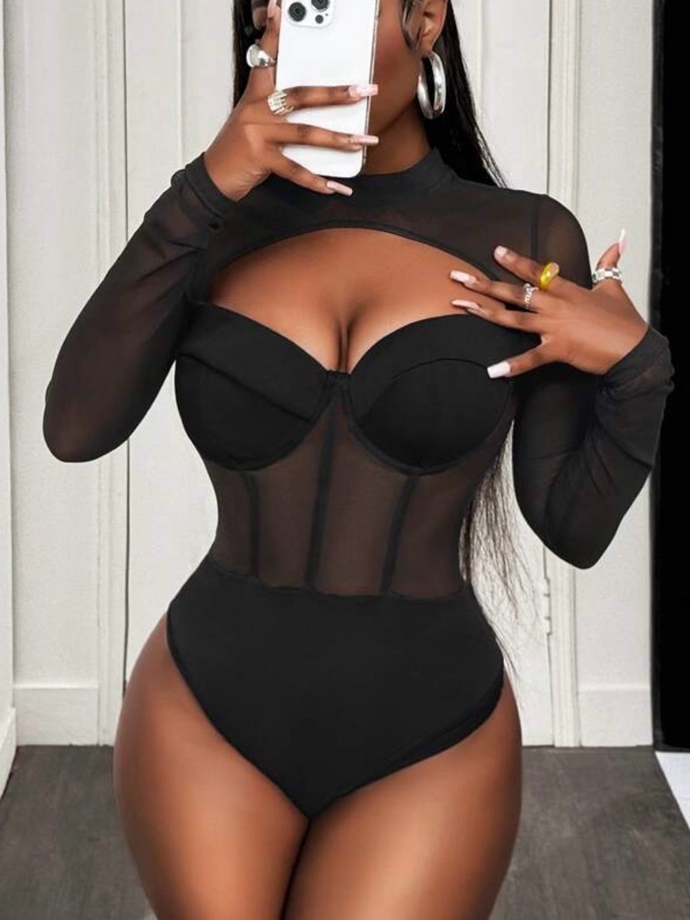 Black Sheer Mesh Long-Sleeve Bodysuit - Picture 2 of 6